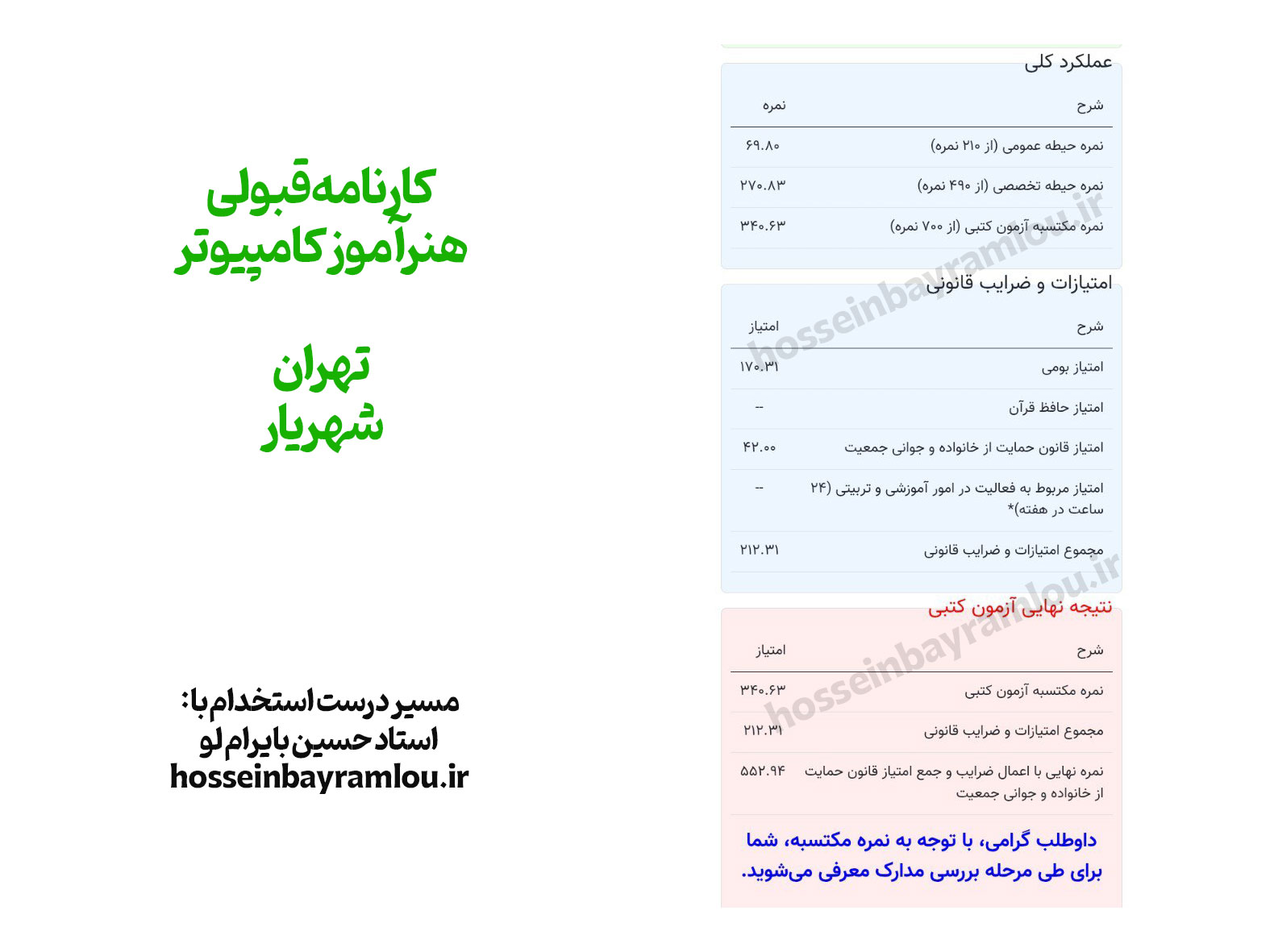 کارنامه قبولی هنرآموز کامپیوتر